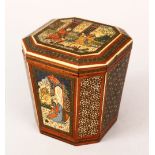 A FINE PERSIAN PAINTED IVORY INLAID VIZAGAPAN KHATAM KARI TEA CADDY, with painted decoration of