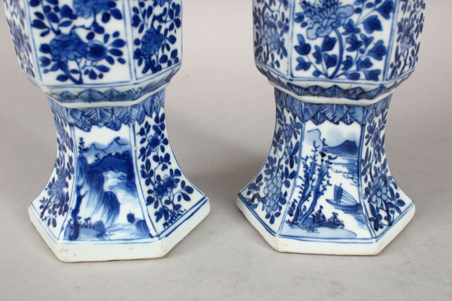 A GOOD PAIR OF 18TH CENTURY CHINESE KANGXI BLUE & WHITE GU SHAPE PORCELAIN VASES, with a multitude - Image 9 of 10