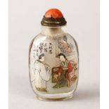 A GOOD 19TH / 20TH CENTURY CHINESE REVERSE PAINTED GLASS SNUFF BOTTLE, the body decorated with two