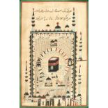 A GOOD 18TH / 19TH CENTURY HAND PAINTED PICTURE OF MECCA ON CANVAS, detailed painting of mecca on