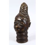 AN EARLY AFRICAN BRONZE BENIN FIGURE OF A FEMALE HEAD, hollow cast bust, 22cm high.