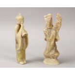 TWO 19TH / 20TH CENTURY CHINESE CARVED JADE / SOAPSTONE TANG STYLE FIGURES, both depicted playing