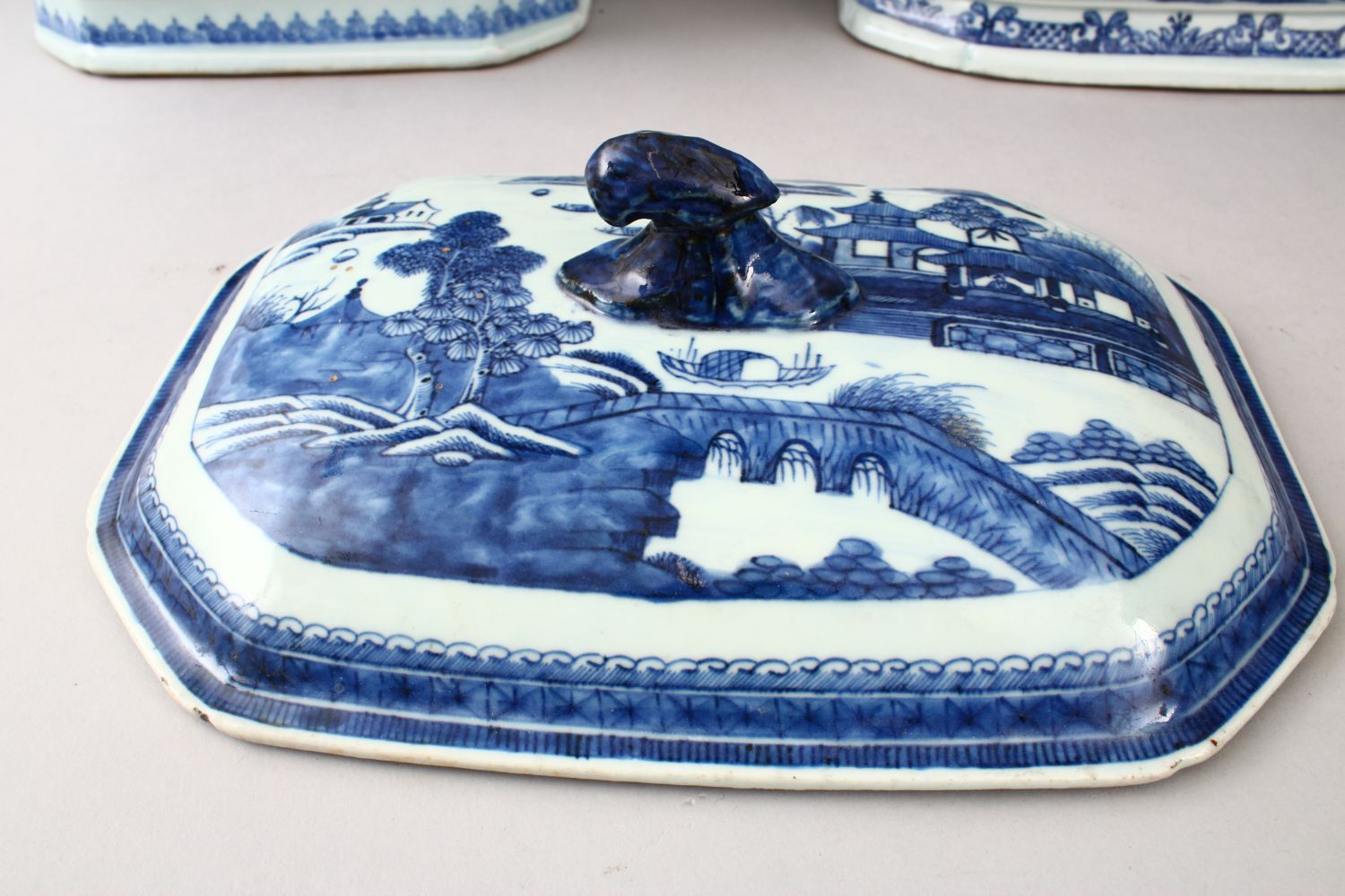 TWO 18TH CENTURY CHINESE BLUE & WHITE PORCELAIN TUREENS, with one associated cover, both decorated - Image 2 of 5