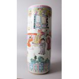 A LARGE LATE 19TH CENTURY CHINESE FAMILLE ROSE PORCELAIN UMBRELLA STAND WITH WARRIORS, the body of