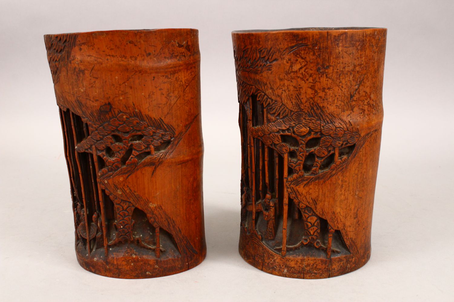 A GOOD PAIR OF 19TH CENTURY CHINESE BAMBOO BRUSH POTS, each decorated in relief to depict working - Image 6 of 8