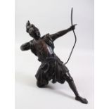 A GOOD JAPANESE MEIJI PERIOD BRONZE OKIMONO OF AN ARCHER, the archer down on one knee shooting his