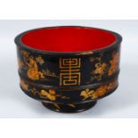 A GOOD 19TH CENTURY CHINESE LACQUERED BOWL, the bowl with a black lacquer ground with gilt