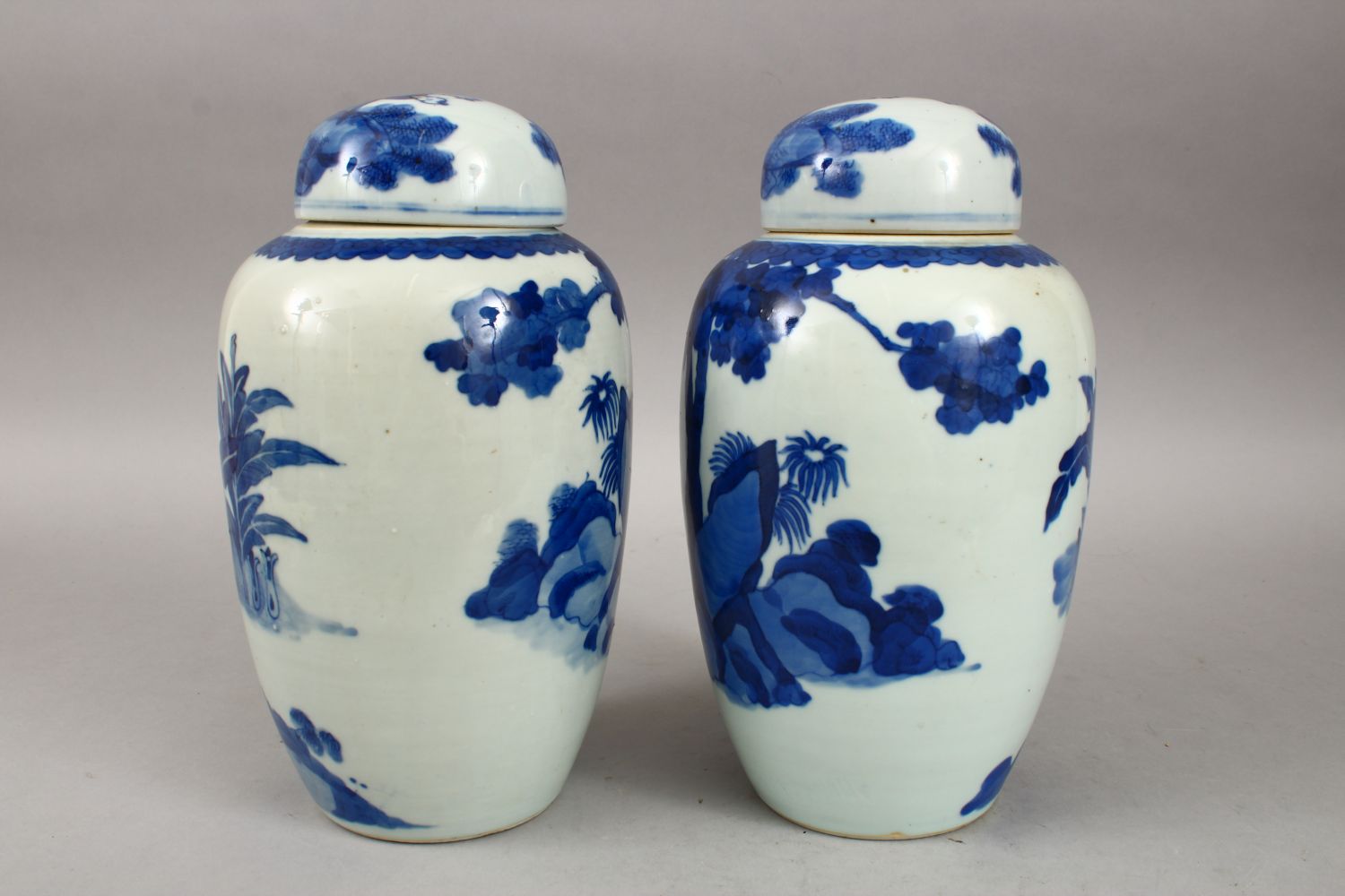 A PAIR OF 19TH CENTURY CHINESE BLUE & WHITE PORCELAIN JARS & COVERS, decorated with scenes of - Image 3 of 6