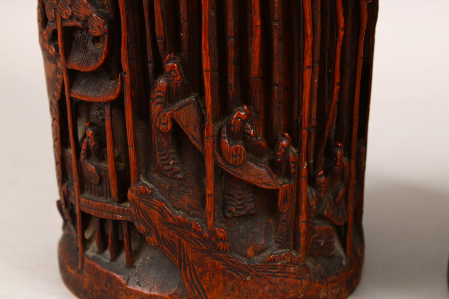 A GOOD PAIR OF 19TH CENTURY CHINESE BAMBOO BRUSH POTS, each decorated in relief to depict working - Image 2 of 8