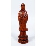 A GOOD 19TH / 20TH CENTURY CHINESE CARVED BOXWOOD FIGURE OF GUANYIN, stood upon a lotus form base,