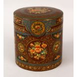 A FINE PERSIAN LACQUERED PAPIER MACHE TEA CADDY, with painted floral decoration. 12.5cm x 12cm