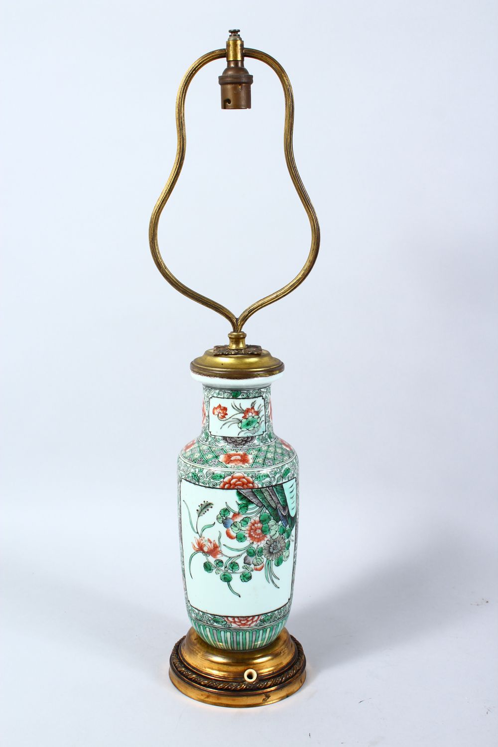 A CHINESE FAMILLE VERTE LAMPED VASE WITH BRONZE FITTINGS, vase finely painted with scenes of - Image 3 of 3