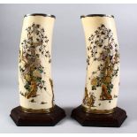 A LARGER PAIR OF JAPANESE MEIJI PERIOD CARVED IVORY & SHIBAYAMA TUSK VASES, the tusk sections