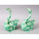 A GOOD PAIR OF CHINESE GREEN GROUND PORCELAIN GEESE / DUCK CENSERS & COVERS, both in original boxes,