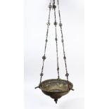A 19TH CENTURY ISLAMIC DAMASCUS OPENWORK BRASS HANGING LAMP, 30.5cm wide x 20.5cm high.
