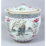 A LARGE 18TH / 19TH CENTURY CHINESE FAMILLE ROSE PORCELAIN POT AND COVER, the body of the pot