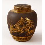 A JAPANESE LATE MEIJI PERIOD DAMASCENE DECORATED SATSUMA TEA CADDY, the body with painted decoration