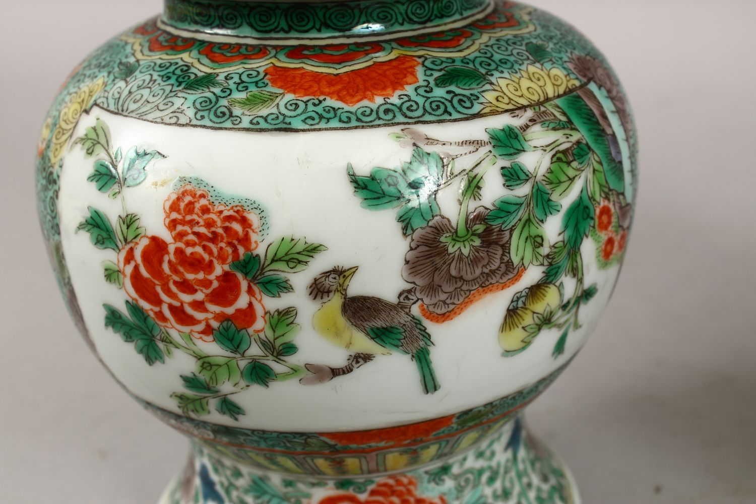 A PAIR OF CHINESE FAMILLE VERTE TRIPLE GOURD PORCELAIN VASES, decorated with panels of lion dogs - Image 8 of 9
