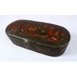 AN 18TH / 19TH CENTURY PERSIAN PAINTED LACQUER LIDDED PEN BOX, with a removable inner lining,