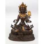 A CHINESE BRONZE FIGURE OF BUDDHA / DEITY, seated in a meditating position upon a lotus base, with