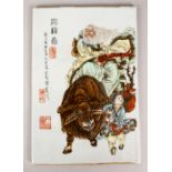 A GOOD CHINESE REPUBLIC STYLE FAMILLE ROSE PORCELAIN PLAQUE / TILE, decorated with scenes of a