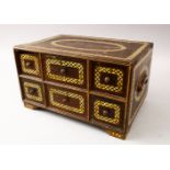 A GOOD 19TH CENTURY INDIAN WOODEN BOX, with six drawers and band of inlaid mother of pearl, 34c m