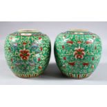A PAIR OF 19TH CENTURY CHINESE KANGXI STYLE FAMILLE VERTE PORCELAIN JARS, the body of the jars