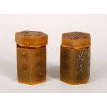 A PAIR OF 19TH CENTURY CHINESE RHINO HORN & SILVER MEDICINE BOTTLES, each with lids and inlaid