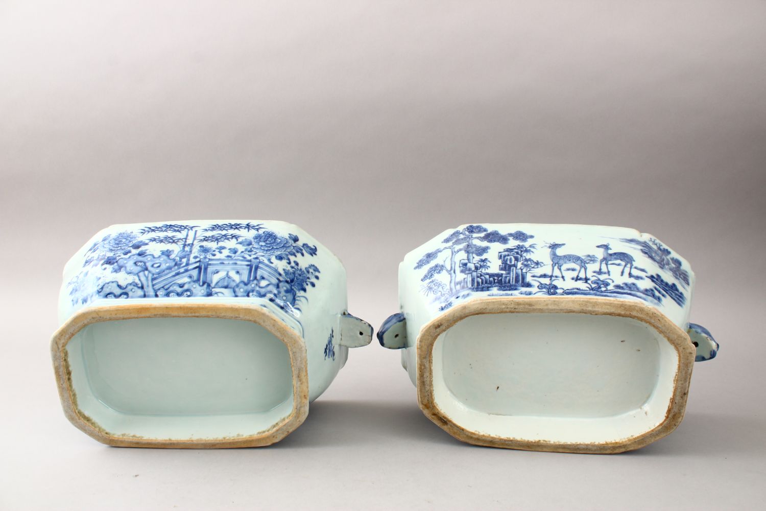 TWO 18TH CENTURY CHINESE BLUE & WHITE PORCELAIN TUREENS, with one associated cover, both decorated - Image 5 of 5