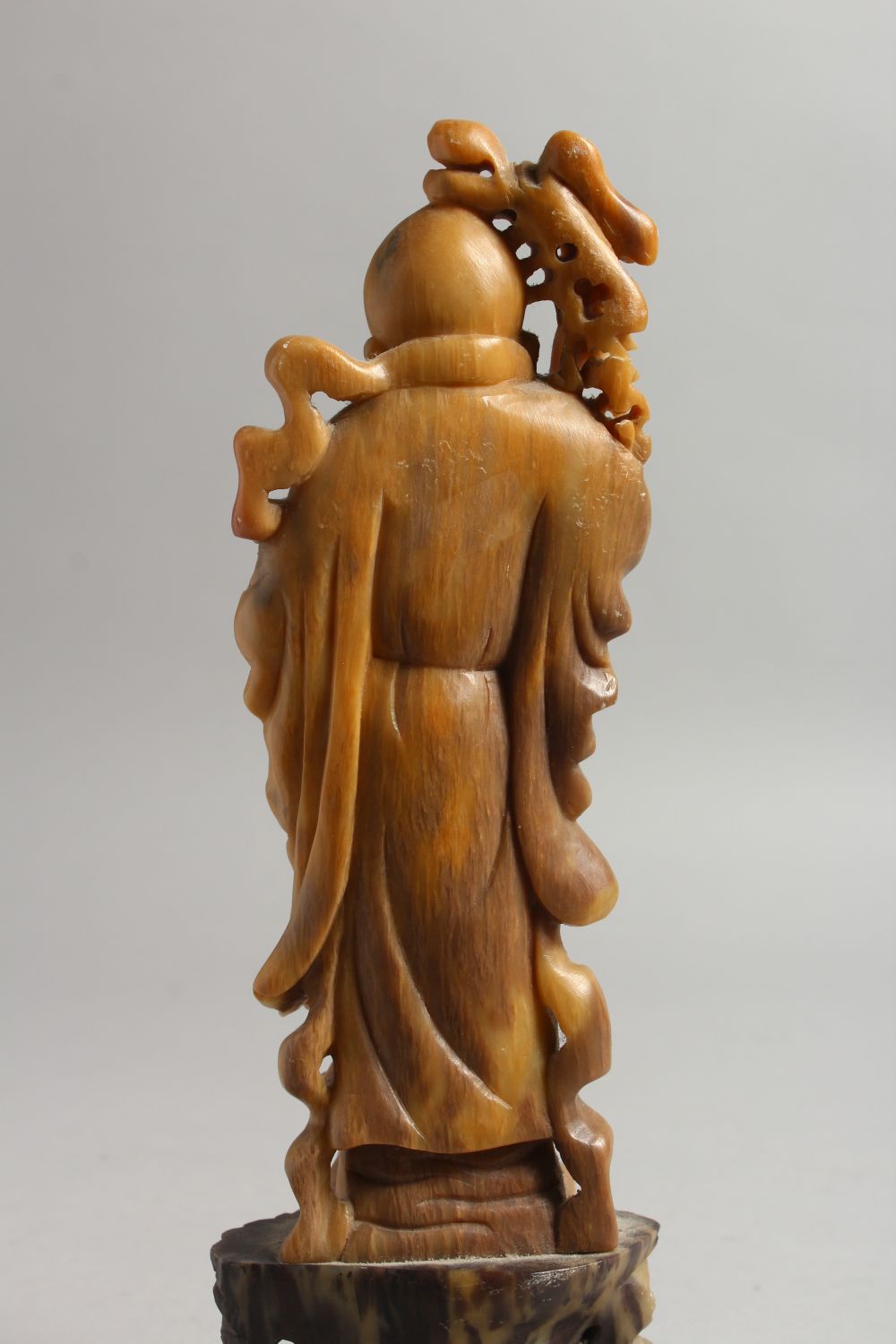 A GOOD 19TH / 20TH CENTURY CHINESE CARVED SOAPSTONE FIGURE OF SHOU LAO, stood on a carved stone base - Image 4 of 9