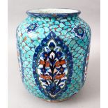 A LATE 18TH / 19TH CENTURY PALESTINIAN POTTERY VASE, with a deep & light blue decorated ground