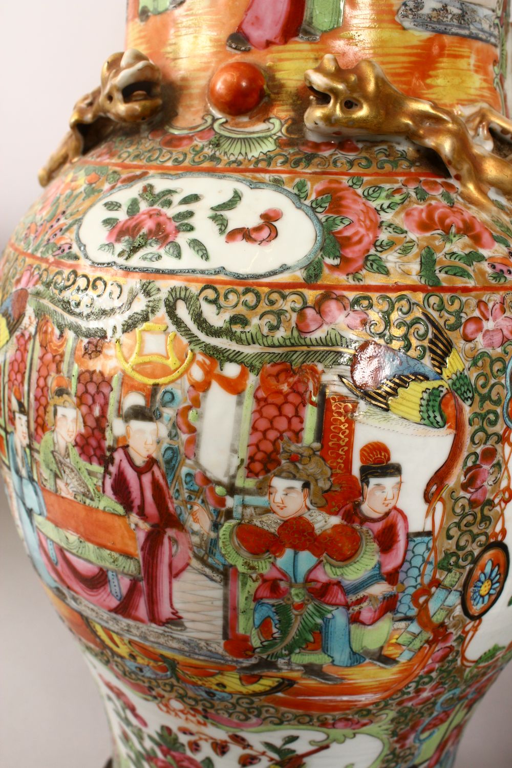 A PAIR OF CHINESE 19TH CENTURY CANTON PORCELAIN VASES / LAMPS, with panel decoration of figures, - Image 5 of 7
