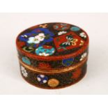 A GOOD CHINESE CLOISONNE ENAMEL CIRCULAR POT & COVER, decorated with roundel's and fan shaped panels