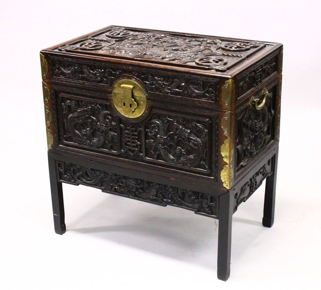 A GOOD 19TH CENTURY CHINESE CARVED HARDWOOD / HONGMU DRAGON CARVED LIDDED CHEST, the panels of the