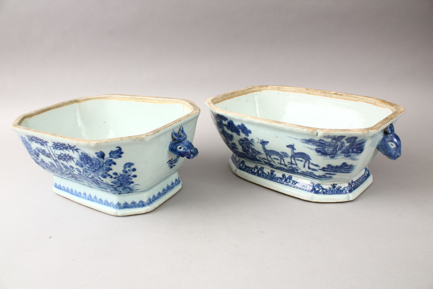 TWO 18TH CENTURY CHINESE BLUE & WHITE PORCELAIN TUREENS, with one associated cover, both decorated - Image 3 of 5