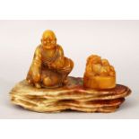 TWO GOOD CHINESE CARVED SOAPSTONE FIGURES OF LUOHAN & SEAL, the figure of luohan in a seated