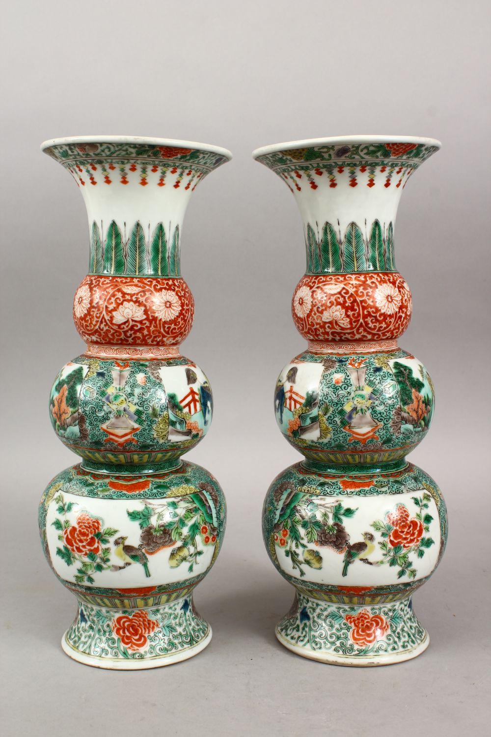 A PAIR OF CHINESE FAMILLE VERTE TRIPLE GOURD PORCELAIN VASES, decorated with panels of lion dogs - Image 3 of 9
