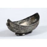 A SMALL BRONZE KASHKOOL, decorated with engraved calligraphy, 13.5cm x 7cm.