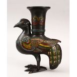 A GOOD 19TH CENTURY OR EARLIER CHINESE CLOISONNE & BRONZE CENSER IN THE FORM OF A BIRD, presented in