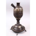 A GOOD 19TH CENTURY INDO PERSIAN SILVERED METAL INLAID BRONZE HOOKAH BASE, with inlaid work