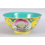 A GOOD CHINESE YONGZHENG STYLE FAMILLE ROSE PORCELAIN PEACH BOWL, the interior turquoise, the