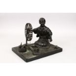 A GOOD JAPANESE MEIJI PERIOD BRONZE OKIMONO - SILK SPINNER, the depicting the scene a worker