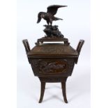 A LARGE AND GOOD QUALITY JAPANESE MEIJI PERIOD BRONZE SQUARE FORM LIDDED KORO, the koro with twin