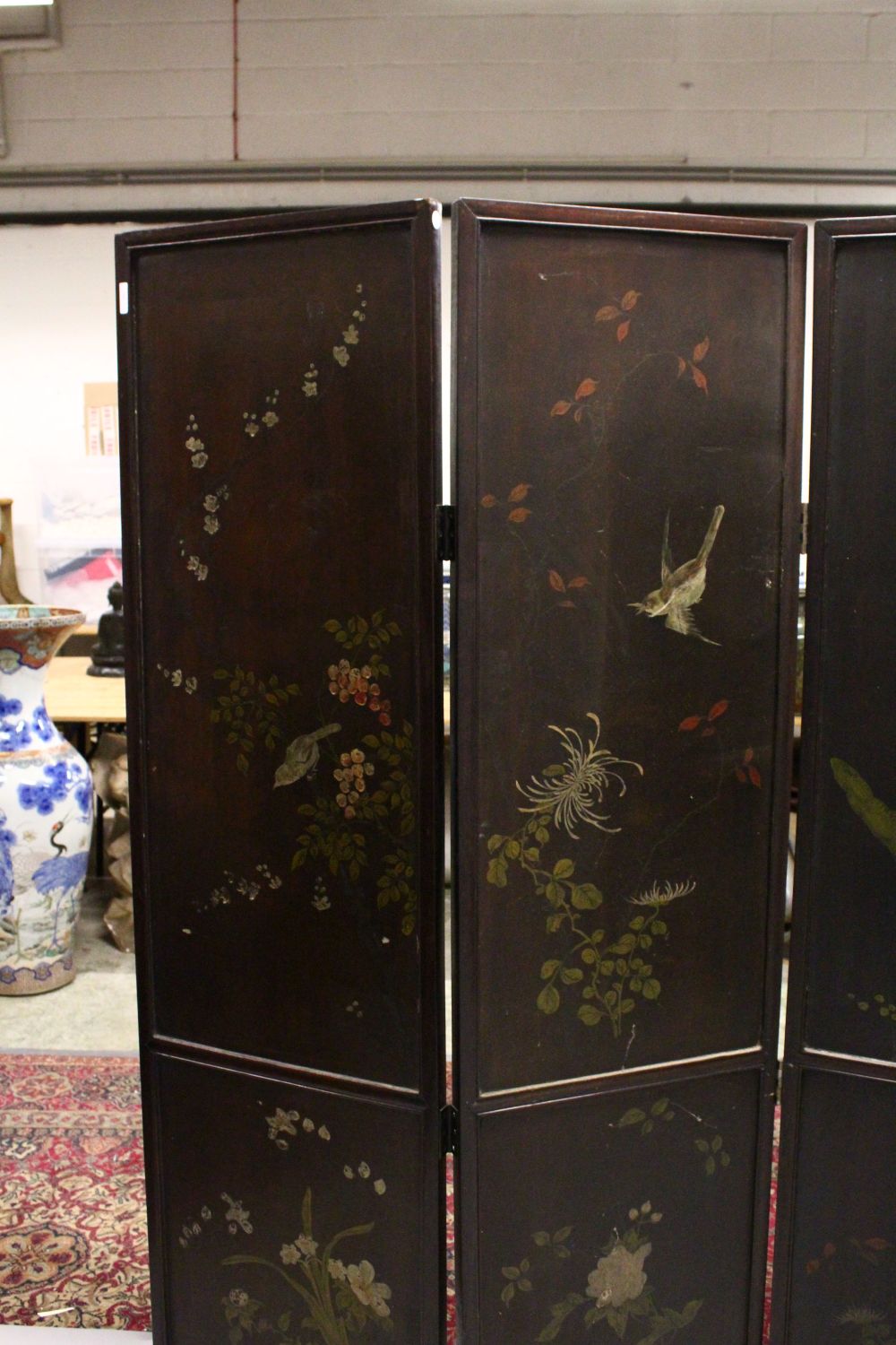 A 19TH CENTURY CHINESE HARDWOOD AND INLAID FOUR FOLD SCREEN, each panel inlaid with carved bone - Image 6 of 9