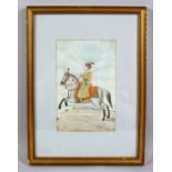 A GOOD INDIAN MUGHAL MINIATURE PAINTING ON PAPER, depicting a man upon horseback, 13cm wide x 21cm