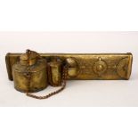 A RARE 16TH CENTURY YEMANI BRASS SCRIBER'S BOX, with carved calligraphy & decoration, 30.5cm long