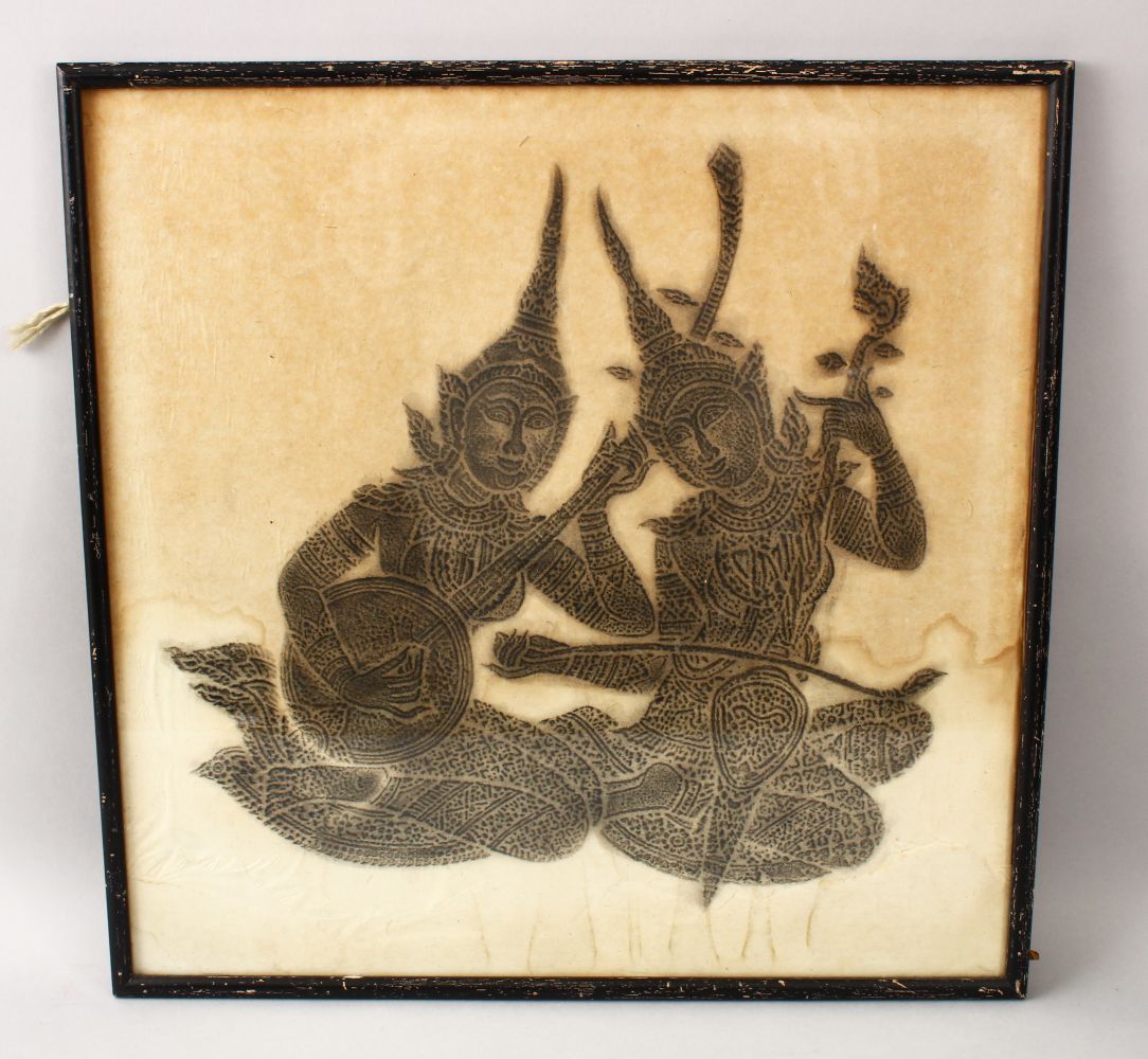A 19TH CENTURY OR EARLIER TIBETAN TEMPLE STONE INK RUBBING ON PAPER, of two figures playing music al