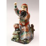 A GOOD 19TH CENTURY FAMILLE VERTE PORCELAIN FIGURE, of zhang daoling with a tiger, 18cm high x