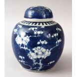 A 19TH CENTURY CHINESE BLUE & WHITE PORCELAIN PRUNUS GINGER JAR & COVER, with prunus decoration,