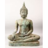 A LARGE AND HEAVY 19TH CENTURY OR EARLIER CHINESE BRONZE FIGURE OF BUDDHA, in a seated meditating